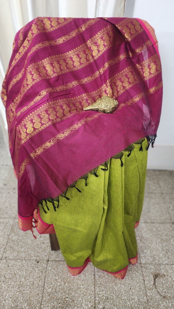 South Cotton Saree with Resham Jacquard Border [Green and Red]