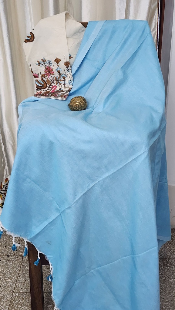 Handloom Khadi Cotton Saree with Heavy Designer Embroidered Blouse [Blue]