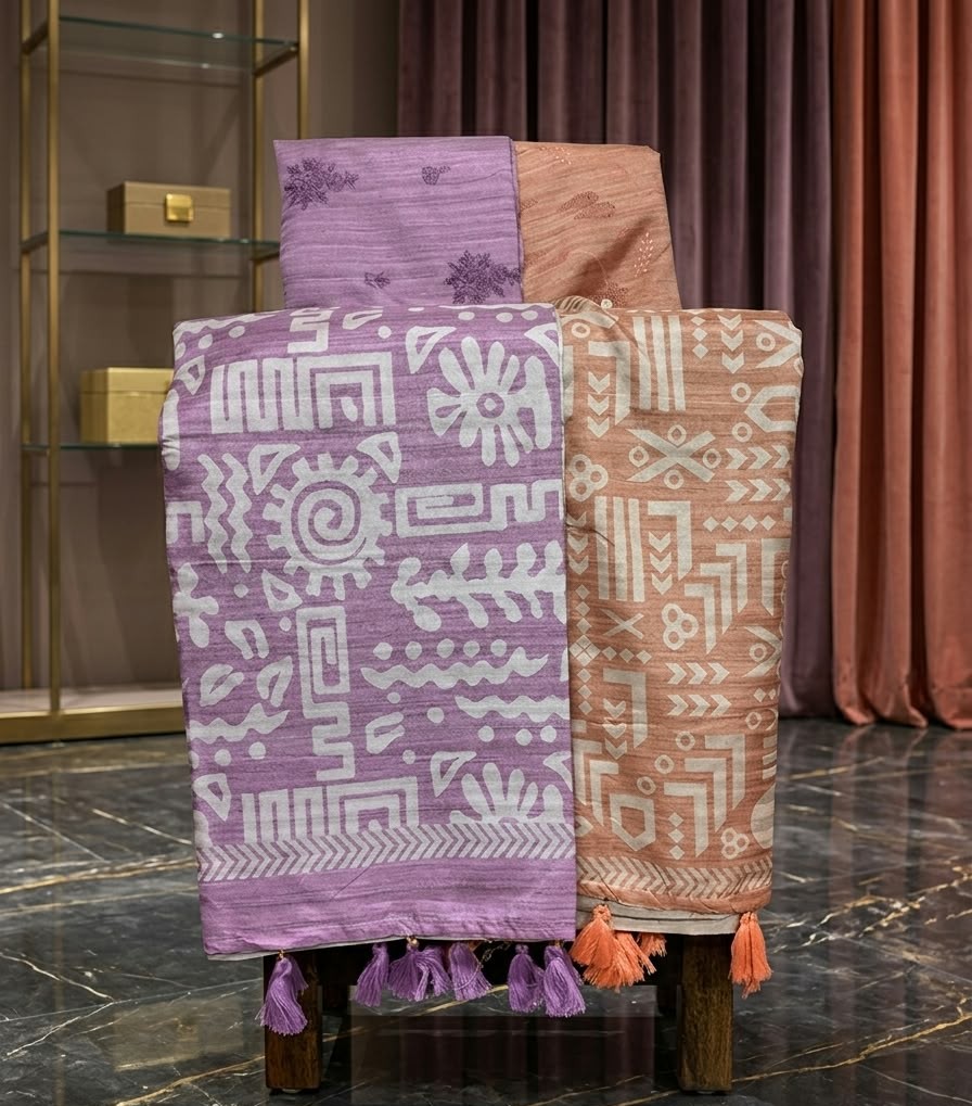 Tripuri Silk Saree with Digital Print & Kantha Work [lilac & peach]