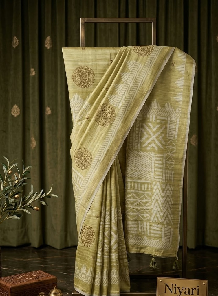 Tripuri Silk Saree with Digital Print & Kantha  Work [sage green]
