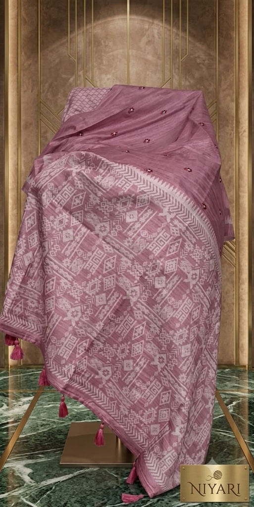 Tripuri Silk Saree with Digital Print & Kantha Work [turkish rose]