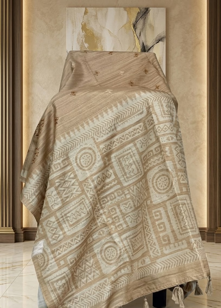 Tripuri Silk Saree with Digital Print & Kantha Work [creame]