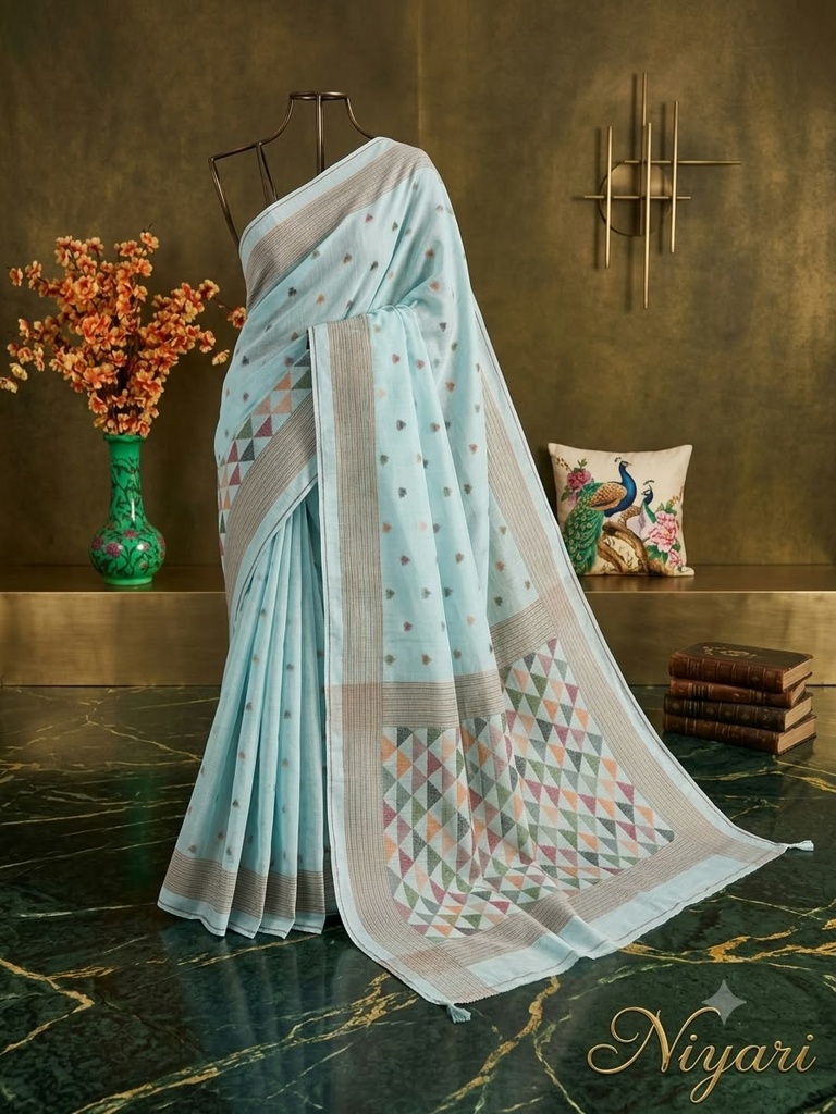 [skyblue] Linen Saree with Multicolour Woven Butta & Designer Pallu