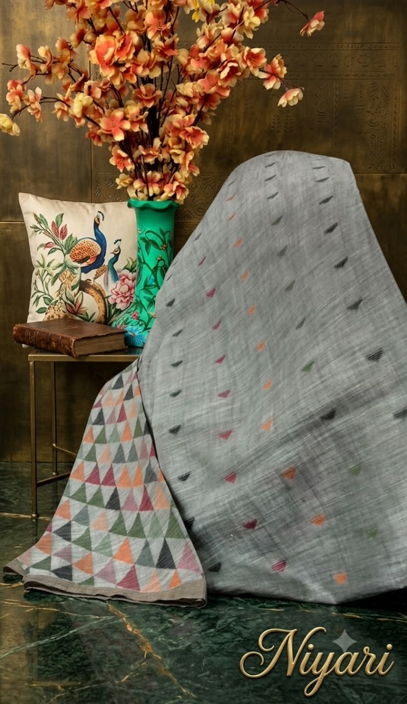 [ash grey]Linen Saree with Multicolour Woven Butta & Designer Pallu