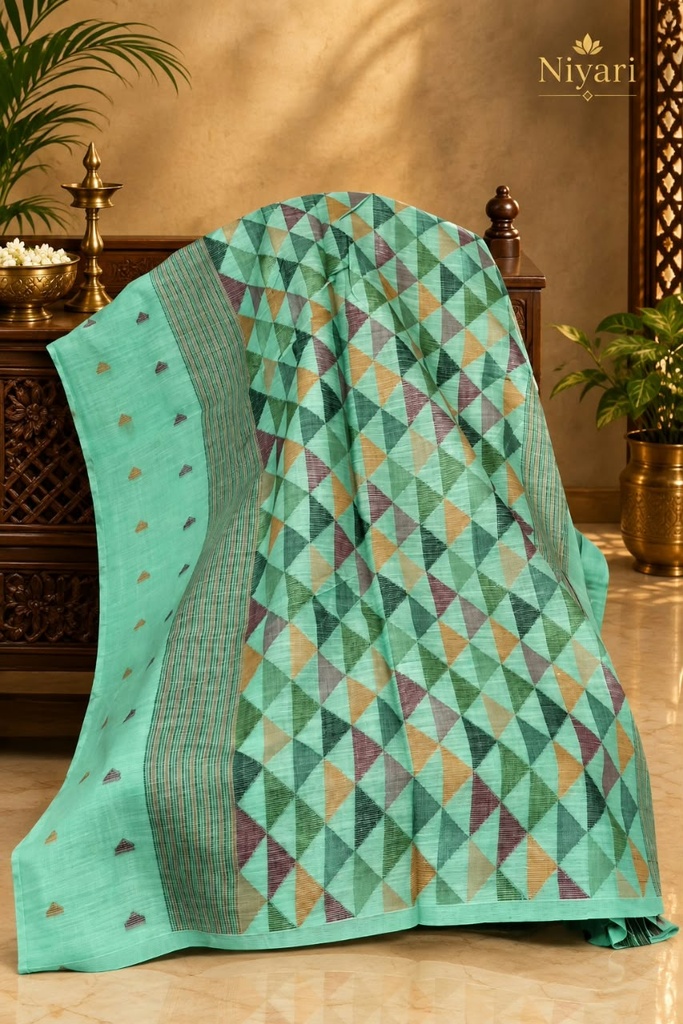 [sea foam]Linen Saree with Multicolour Woven Butta & Designer Pallu