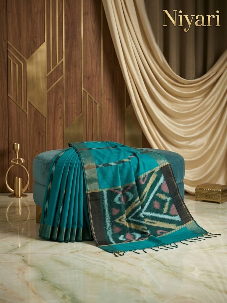 [Teal] Pochampally Ekatt Cotton Saree