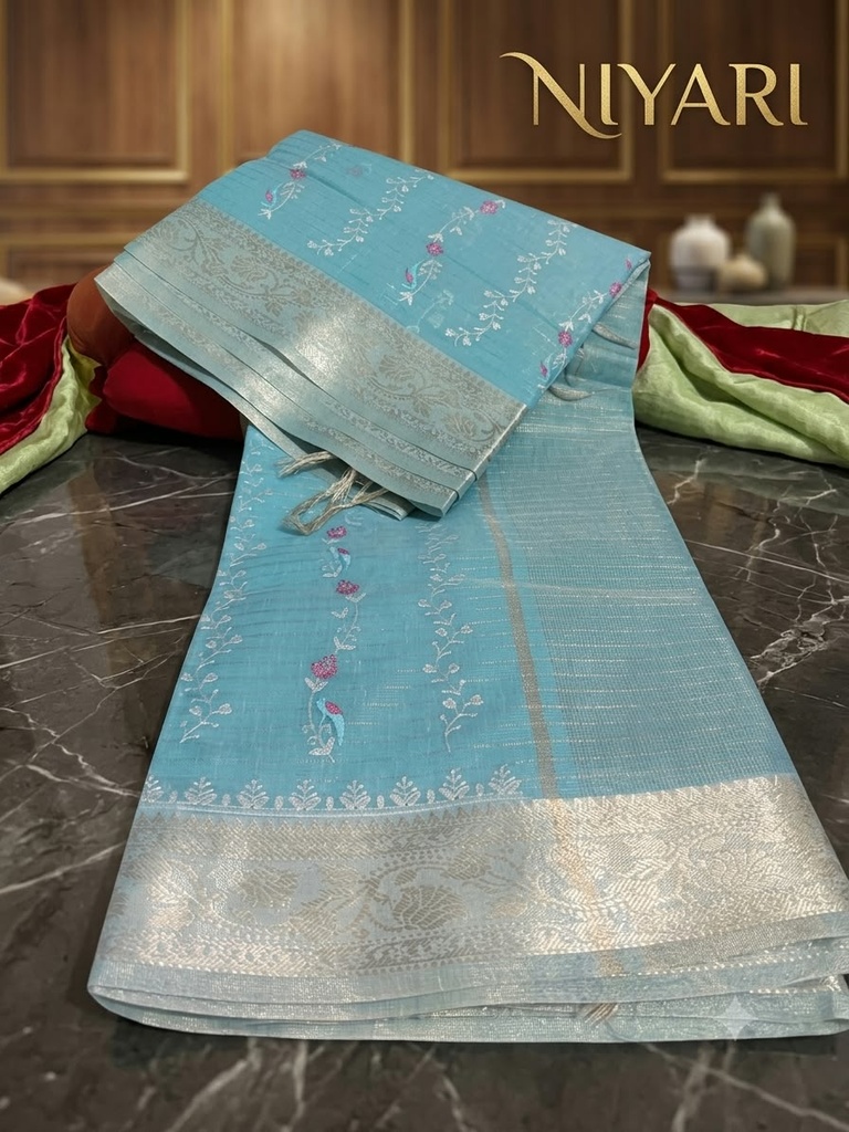 Premium Fancy Tissue Saree with Woven Zari & Beautiful Thread Work – Elegant, Classy & Royal Look!