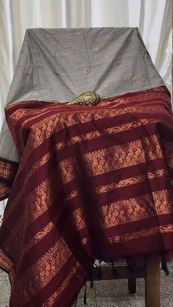 South Cotton Saree with Resham Jacquard Border [Grey & Maroon]
